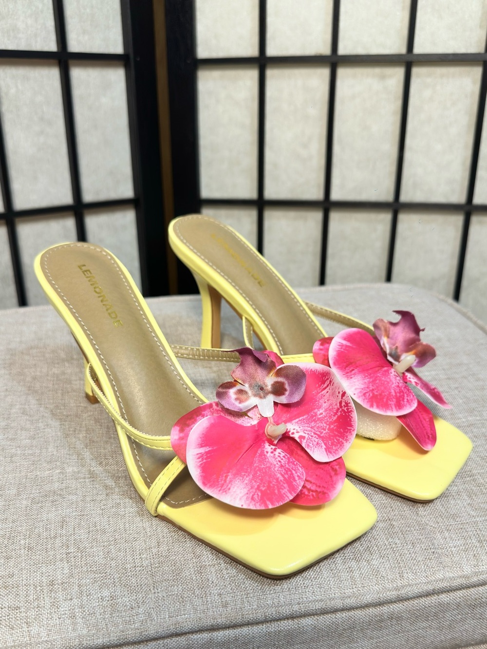 LEMONADE Yellow Heeled Sandals with Pink Floral Appliqué
